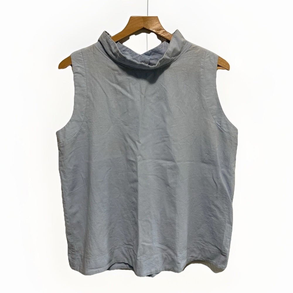 FHQ Collection Linen Top Large Light Blue Funnel Neck Sleeveless Coastal Chic